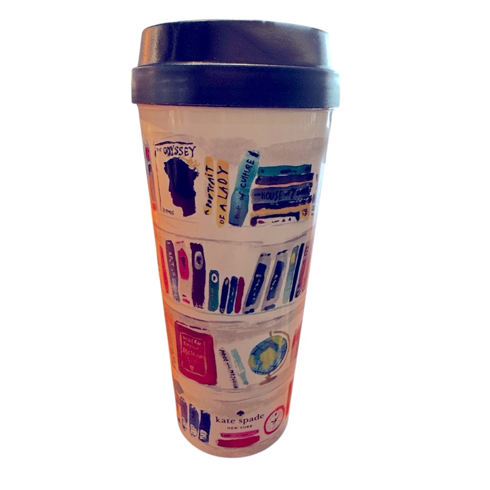 Kate Spade Book Print Travel Mug, 16 ounce capacity.